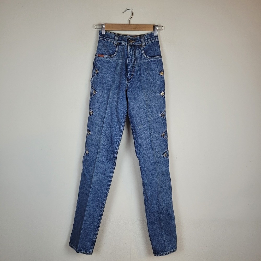 Vintage Lawman Jeans Sz 0 20x36 Blue Western High Rise Tapered Studded Slim Fit